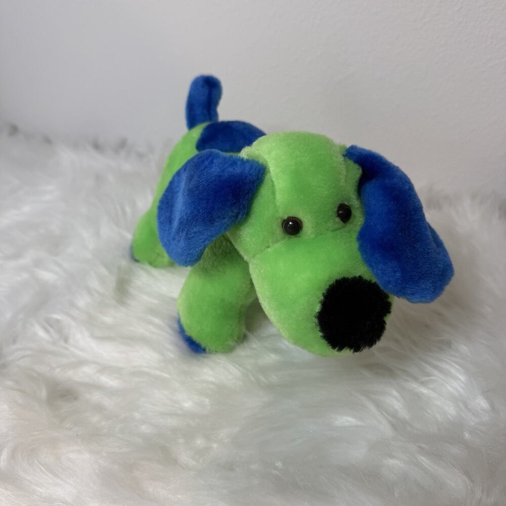 Vtg Plush Puppy Dog Hound Color Block Blue Yellow Ears Green Body Blue Paws